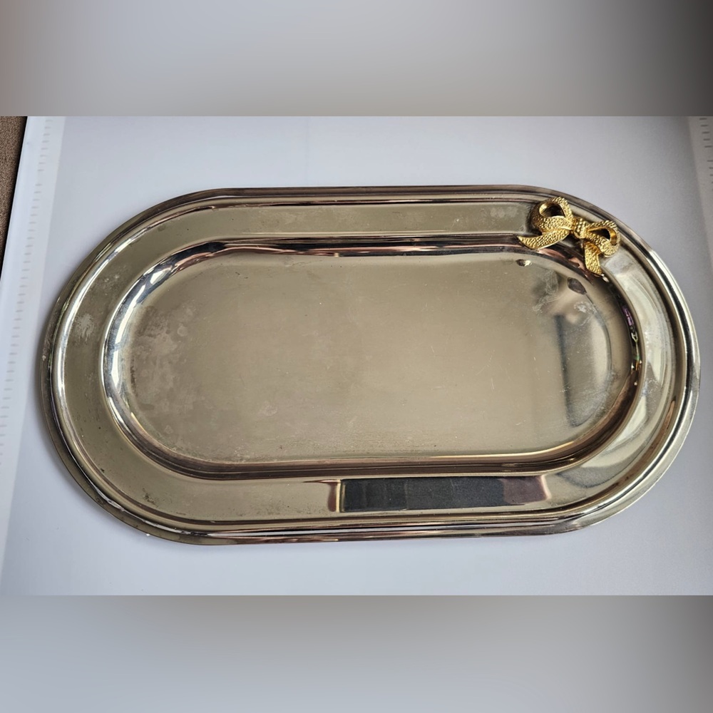 Vintage Silver Decor Tray With Gold Bow Accent